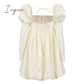 Ingvn - New Fashion Puff Sleeves Woman Party Dress Evening Chic Square Collar Ball Gown Short Beige