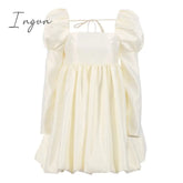 Ingvn - New Fashion Puff Sleeves Woman Party Dress Evening Chic Square Collar Ball Gown Short Beige