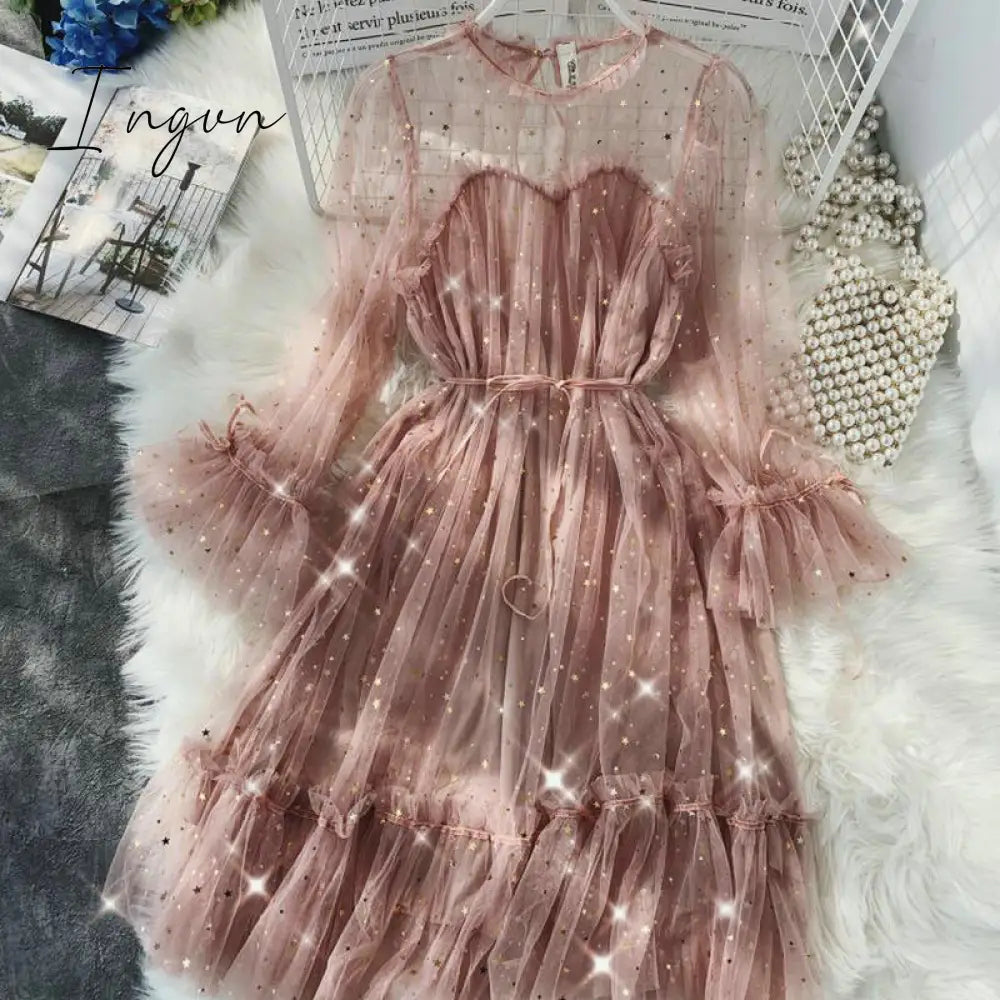 Ingvn - New Female O - Neck Stars Sequined Mesh Shiny Fairy Dress Women Elegant Bling Gauze