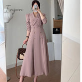 Ingvn - New French Spring Elegant Double Breasted Belted Sashes Women Suit Dress Autumn Office Long