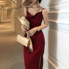 Ingvn - New French Vintage Women Elegant Party Dresses Summer Red Silk Mid Length Spaghetti Straps