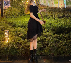 Ingvn - New Gothic Women Black Fairy Party Dress Cross Square Collar Lolita Princess Irregular Cute