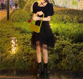 Ingvn - New Gothic Women Black Fairy Party Dress Cross Square Collar Lolita Princess Irregular Cute