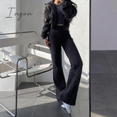 Ingvn - New High Street Elastic Waist Solid Color Flare Pants For Women Spring Autumn Thick Casual