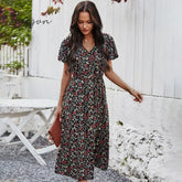 Ingvn - New Ladies Vintage Maxi Floral Print Summer Dress Women Slim Casual High Waist Button