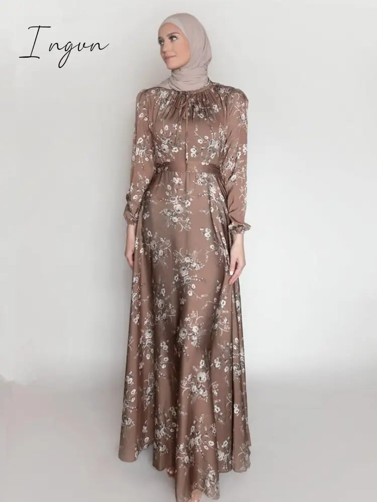 Ingvn - New Morocco Long Dress Muslim Women Flowers Printed Silky Abayas Robes Fancy Maxi French