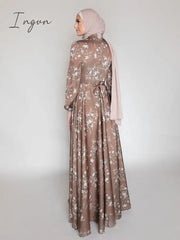 Ingvn - New Morocco Long Dress Muslim Women Flowers Printed Silky Abayas Robes Fancy Maxi French