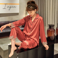Ingvn - New Pajamas For Women Long Sleeve Suit Female Simple Style 2 Pieces Silk Women’s Home