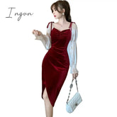 Ingvn - New Red Gold Velvet Dress Foreign Style Autumn And Winter Temperament Bubble Sleeves