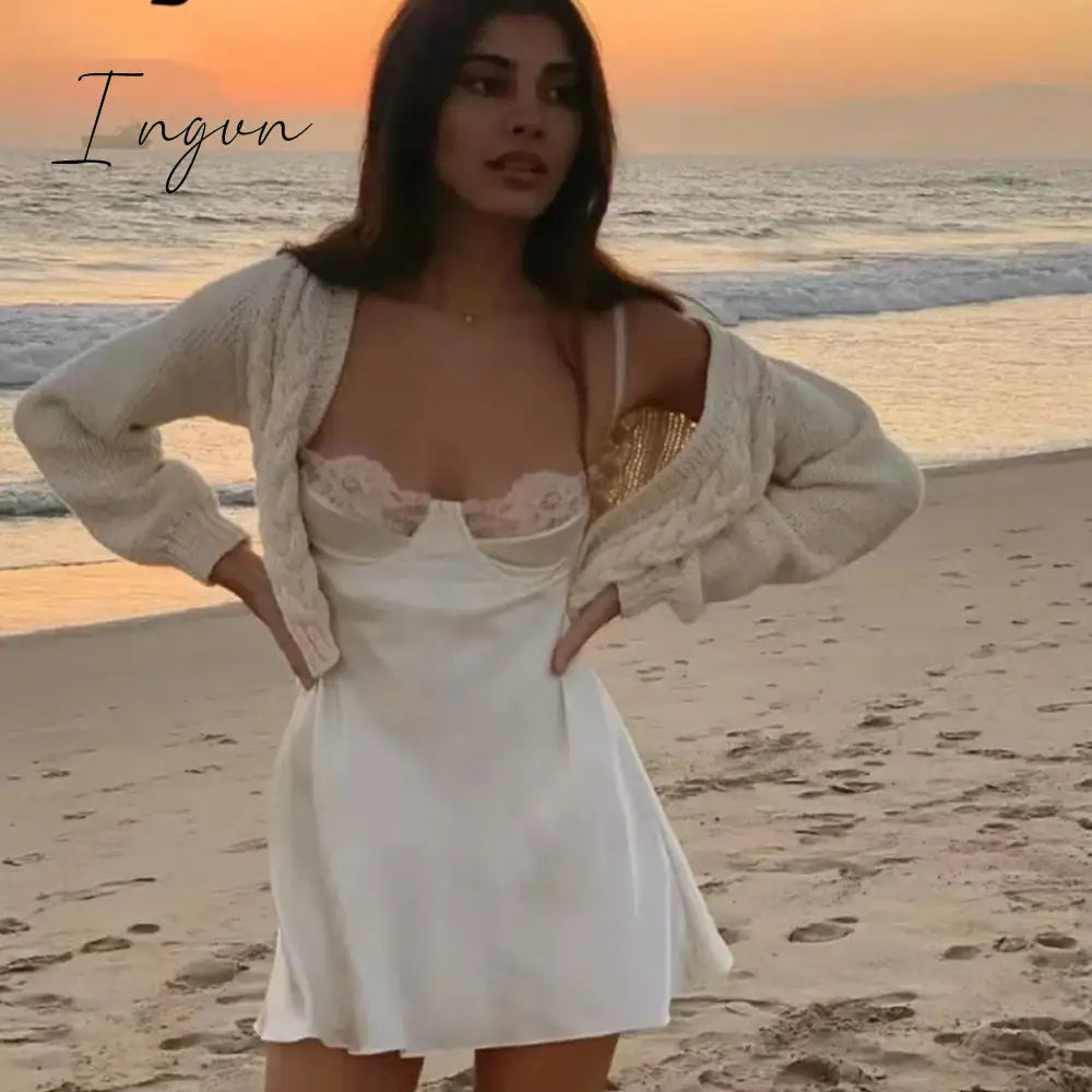 Ingvn - New Sexy White Lace Trim Satin Mini Dress For Women Solid Backless Maxi Sundress Female