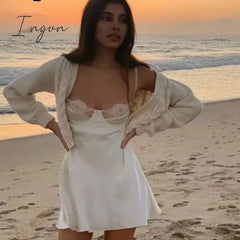 Ingvn - New Sexy White Lace Trim Satin Mini Dress For Women Solid Backless Maxi Sundress Female