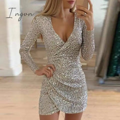 Ingvn - New Sexy Women Dress Sequins Glitter V - Neck Long Sleeve Self Cultivation Dresses Elegant