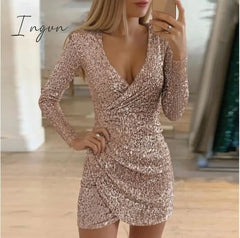 Ingvn - New Sexy Women Dress Sequins Glitter V - Neck Long Sleeve Self Cultivation Dresses Elegant