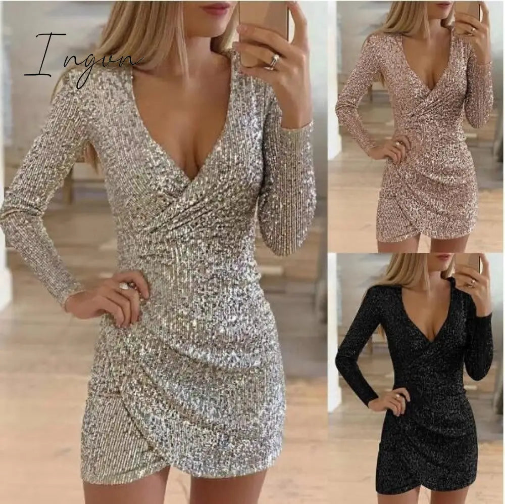 Ingvn - New Sexy Women Dress Sequins Glitter V - Neck Long Sleeve Self Cultivation Dresses Elegant