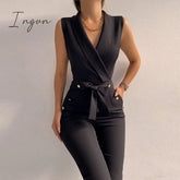 Ingvn - New Solid Casual Women Summer Jumpsuits V-Neck Lace-Up Sleeveless Wide Leg Pants Button