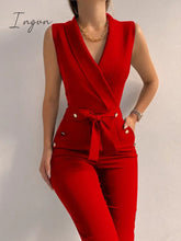 Ingvn - New Solid Casual Women Summer Jumpsuits V-Neck Lace-Up Sleeveless Wide Leg Pants Button