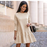 Ingvn - New Spring Autumn Dress Women Elegant O - Neck Long Sleeves Multi - Layer Ruffles Hem Solid