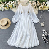Ingvn - New Spring Autumn Dresses For Women Elegant Holiday Puff Sleeve Slash Neck Off Shoulder