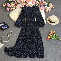 Ingvn - New Spring Autumn French O - Neck Long Sleeve Dress Polka Dot Printing High Waist Lace Up