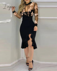 Ingvn - New Spring Fall Women Elegant Floral Patter Sheer Mesh Slit Bodycon Dress Femme Ruff Hem