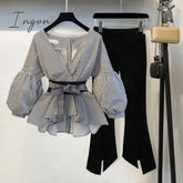 Ingvn - New Spring Summer 2 Pcs Suits Women’s Striped Bow Lantern Sleeve Blouse + Black Split