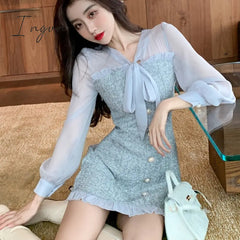 Ingvn - New Spring Vintage Sexy See - Through Chiffon Patchwork Tweed Mini Dress Women Ribbon Bow
