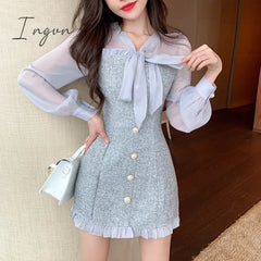 Ingvn - New Spring Vintage Sexy See - Through Chiffon Patchwork Tweed Mini Dress Women Ribbon Bow