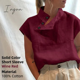 Ingvn - New Stylish Tunic Tops Plus Size Women Short Sleeve Summer Blouses Buttons Solid Cotton