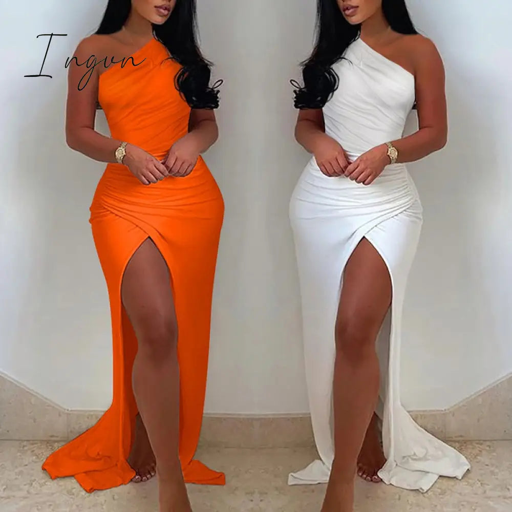 Ingvn - New Summer Elegant Solid One Shoulder High Split Thigh Ruched Maxi Floor Dress White Sexy