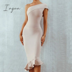 Ingvn - New Summer Women Bandage Dress Sexy One Shoulder Sleeveless Ruffles Nightclub Celebrity