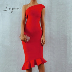 Ingvn - New Summer Women Bandage Dress Sexy One Shoulder Sleeveless Ruffles Nightclub Celebrity