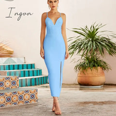Ingvn - New Summer Women White Bodycon Bandage Dress Sexy V Neck Spaghetti Strap Club Celebrity