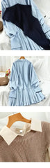 Ingvn - New Sweet Suit Women Japan Single Breasted Turn - Down Collar Pleated Dress + Irregular