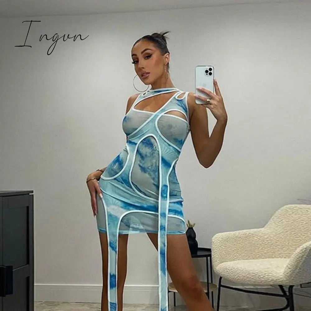 Ingvn - New Tie Dye Tassel Asymmetrical Mini Dress Women Sleeveless Hollow Out Sexy Sheath Bodycon