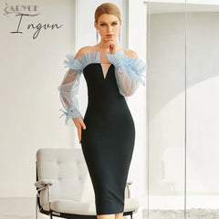 Ingvn - New Winter Women Long Sleeve V Neck Club Dress Sexy Ruffles Off Shoulder Lace Patchwork