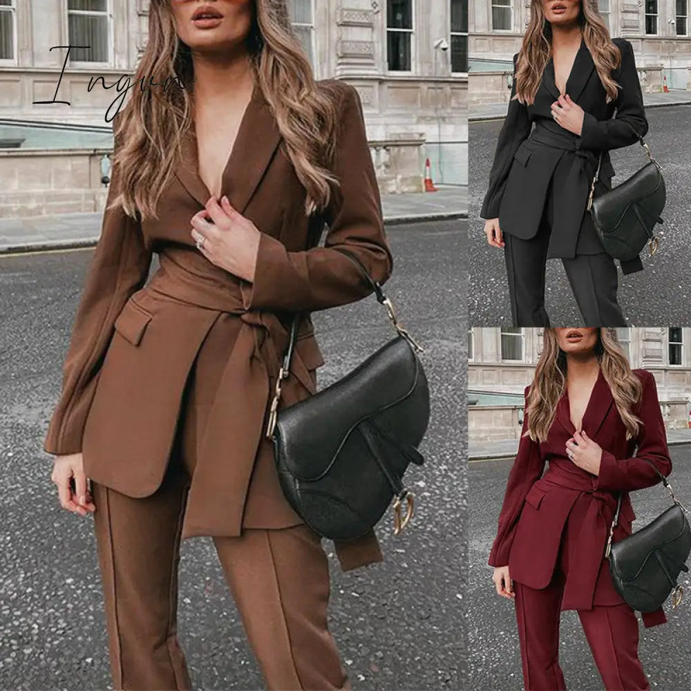 Ingvn - New Women’s Blazer Pantsuit Office Ladies Solid Casual Business Two Piece Sets Female