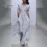 Ingvn - New Women Slim Fit High Waist Dress With Sashes Summer Printing Long Sleeve Button Elegant