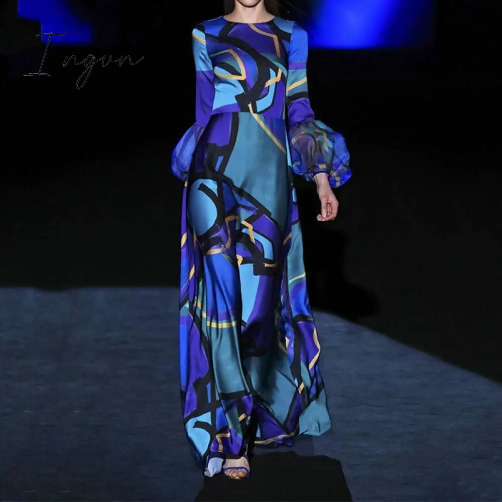 Ingvn - New Women Slim Fit High Waist Dress With Sashes Summer Printing Long Sleeve Button Elegant