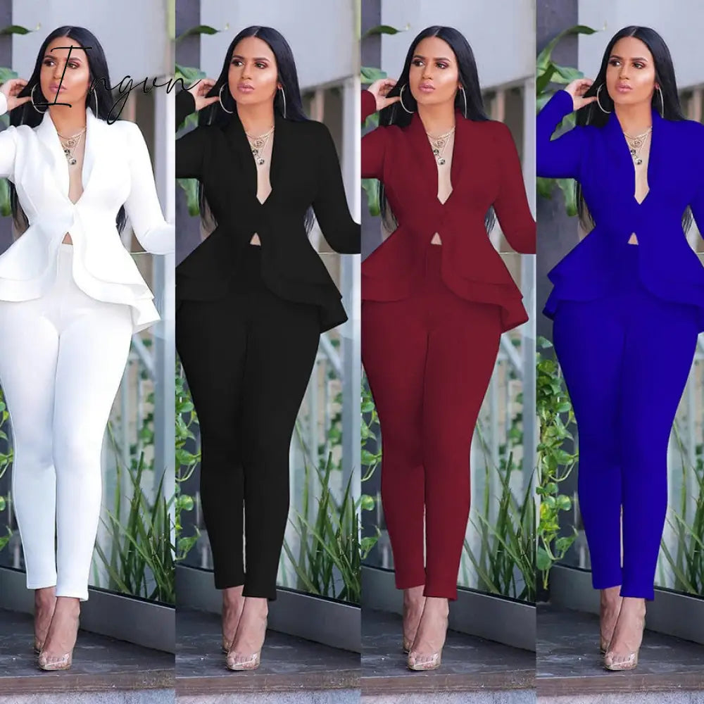 Ingvn - New Women Winter Women’s Set Tracksuit Full Sleeve Ruffles Blazers Pencil Pants Suit Two