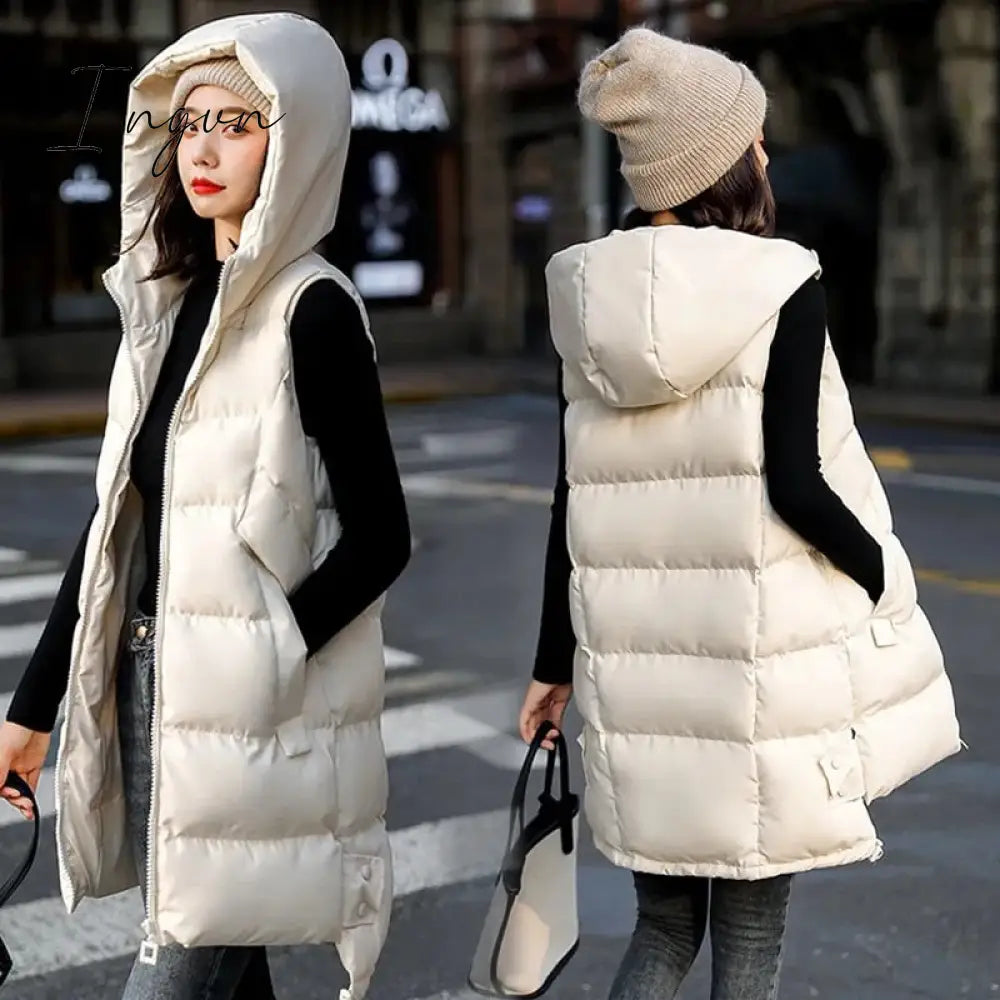 Ingvn - New Women’s Vest Jacket Down Cotton Autumn Winter Hooded Long Coat Sleeveless Loose