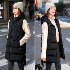 Ingvn - New Women’s Vest Jacket Down Cotton Autumn Winter Hooded Long Coat Sleeveless Loose