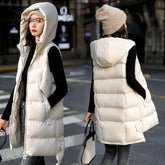 Ingvn - New Women’s Vest Jacket Down Cotton Autumn Winter Hooded Long Coat Sleeveless Loose