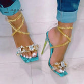 Ingvn - Noble Gold Chain Large Crystal High Heel Sandals Blue / 5