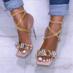 Ingvn - Noble Gold Chain Large Crystal High Heel Sandals Nude / 5