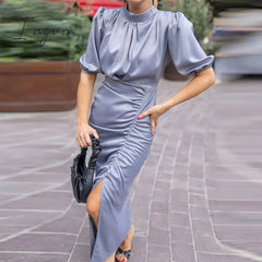 Ingvn - O-Neck Split Women Pleated Dress Sexy Elegant Slim Short Sleeve Female Long Pencil Dresses