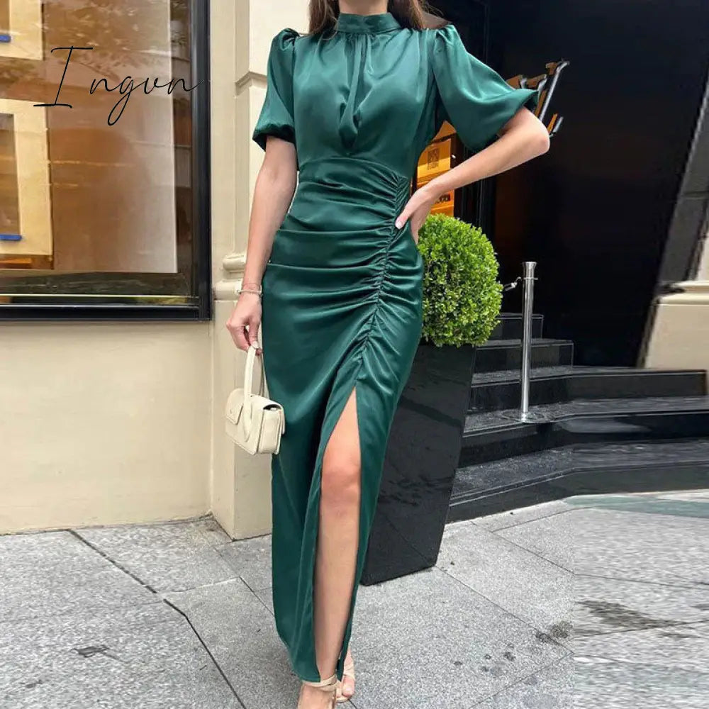 Ingvn - O-Neck Split Women Pleated Dress Sexy Elegant Slim Short Sleeve Female Long Pencil Dresses