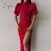 Ingvn - O-Neck Split Women Pleated Dress Sexy Elegant Slim Short Sleeve Female Long Pencil Dresses
