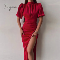 Ingvn - O-Neck Split Women Pleated Dress Sexy Elegant Slim Short Sleeve Female Long Pencil Dresses
