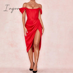 Ingvn - Off Shoulder Sexy Strapless Split Corset Satin Dresses Fashion Bodycon Dress Women Party