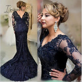 Ingvn - On Sale Charming Dark Navy Lace Mermaid Long Sleeve Mother Of The Bride Dresses V Neck
